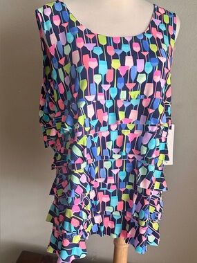Lulu B Cha Cha Ruffle Top XL Wine Cocktail Print Navy Resort Cruise NWT